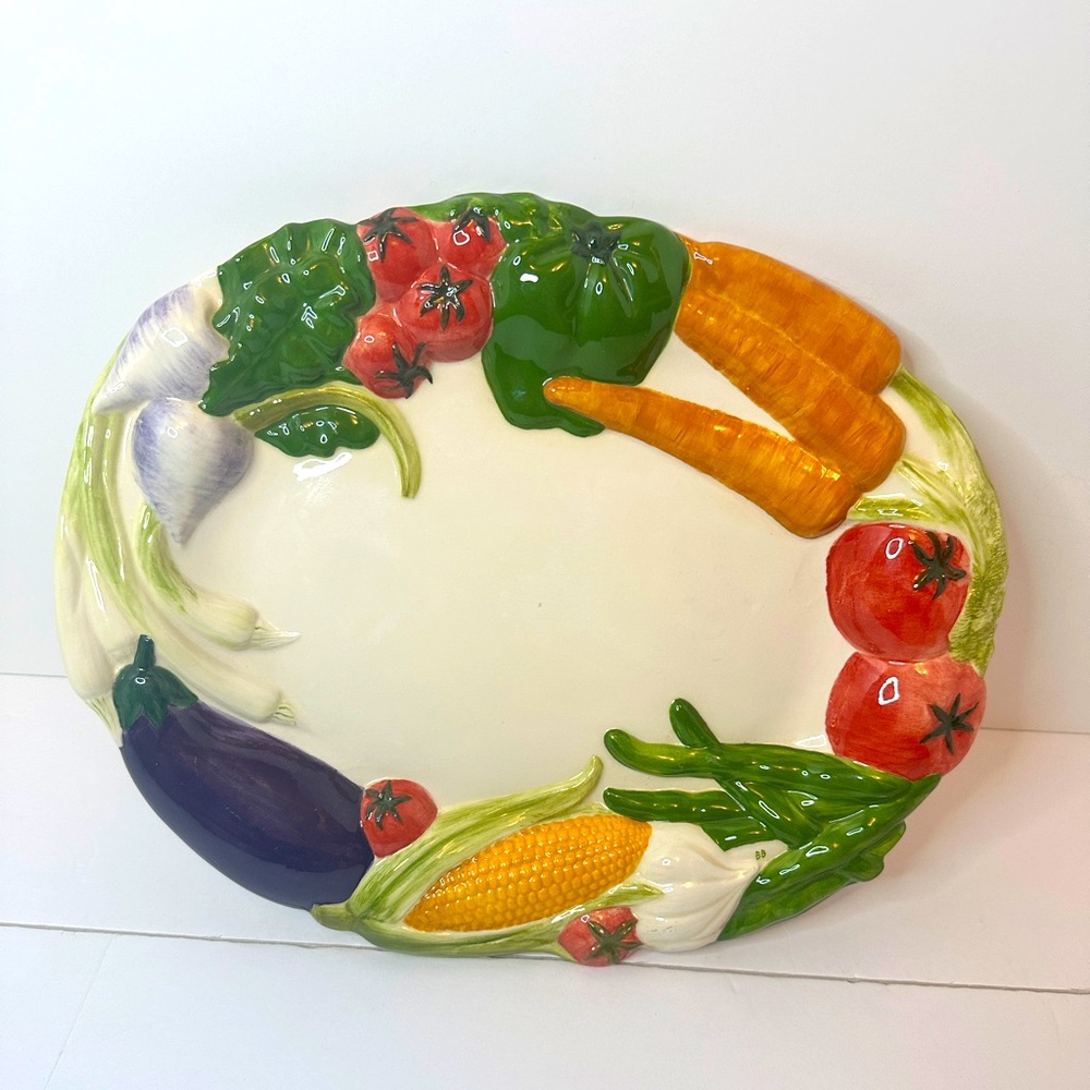 Vintage White Ceramic Embossed Serving Tray Platter with Colorful Vegetables